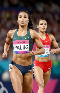 two lady athletes competing in a footrace a the Olympics