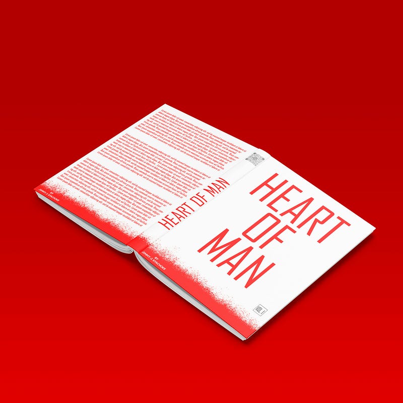 book cover titled "Heart of a Man" on a red mat