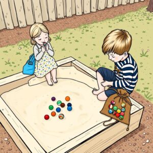 A boy is playing with marbles in a sand pit and is being watched by a girl eating a lolly