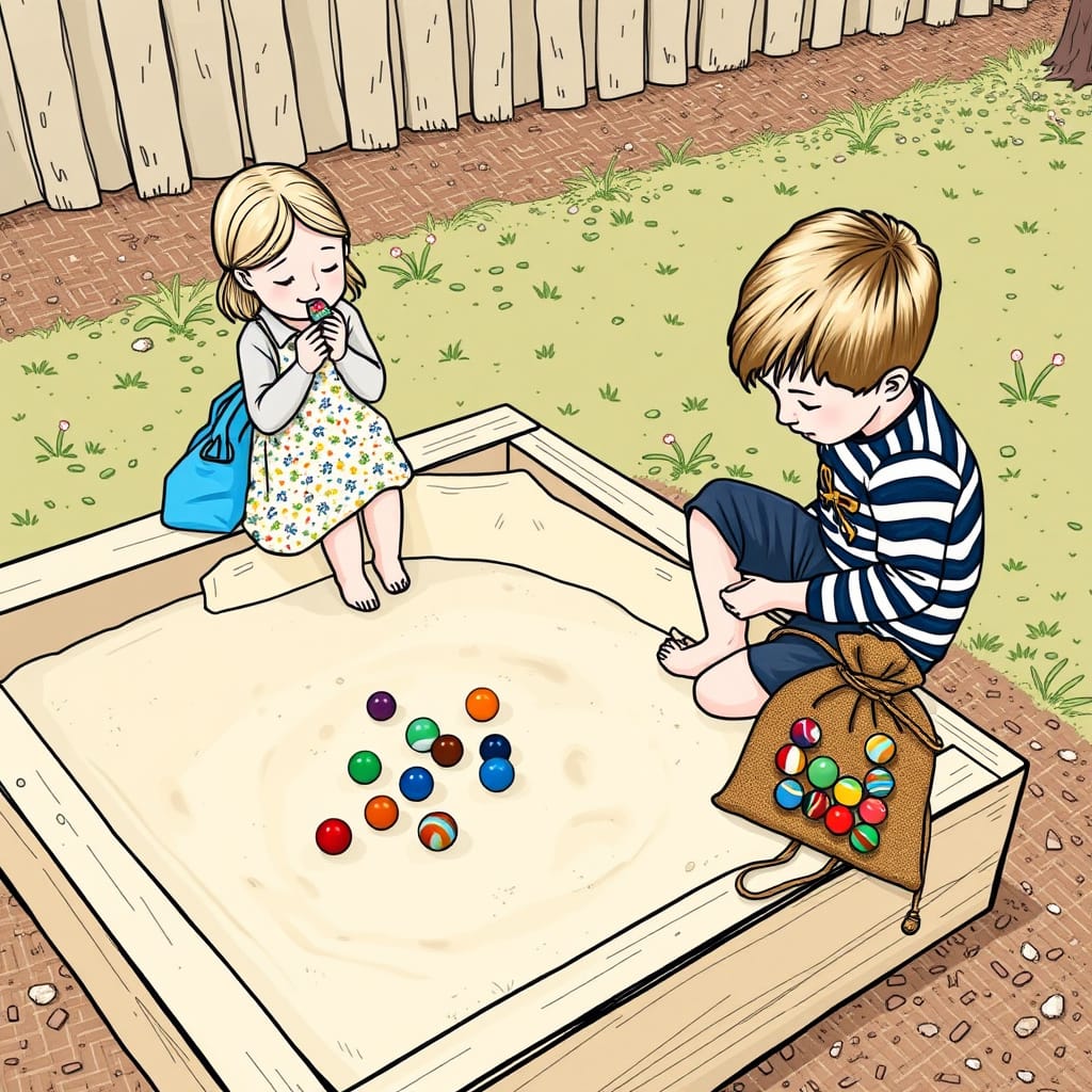 A boy is playing with marbles in a sand pit and is being watched by a girl eating a lolly